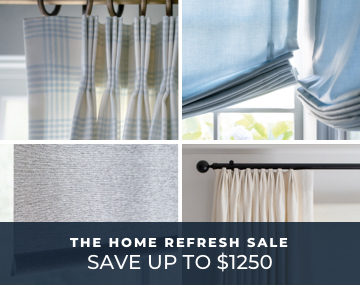 Four images of four windows featuring various window treatments on sale with home refresh sale text