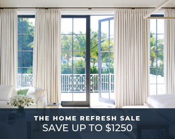 Tailored Pleat Drapery in Petal Pearl hung floor to ceiling over large patio doors in a bedroom with Home Refresh Sale text