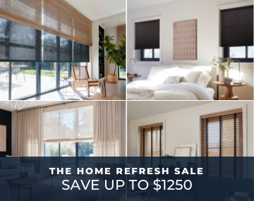 Four images featuring various window treatments including drapery in multiple areas with Home Refresh Sale text