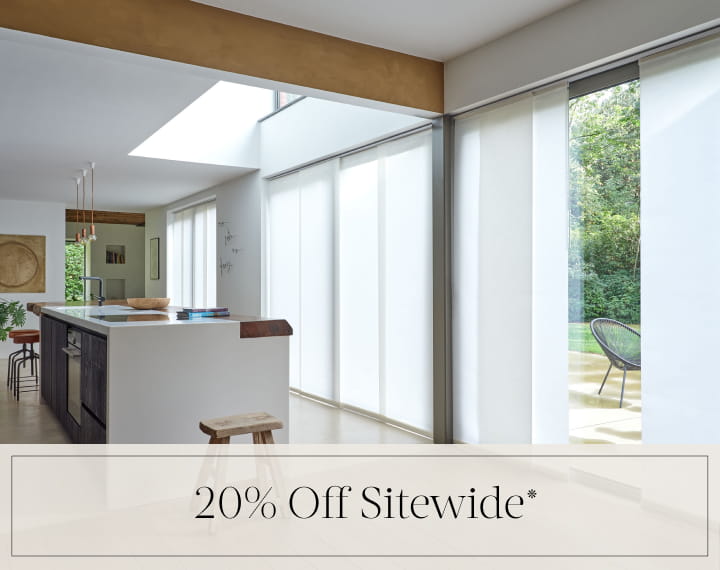20% Off Sitewide in black text over an image of Panel Track Vertical Blinds on patio doors.