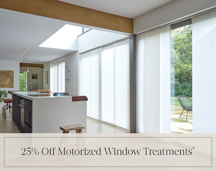 25% Off Motorized Window Treatments in black text over an image of Panel Track Vertical Blinds on patio doors.