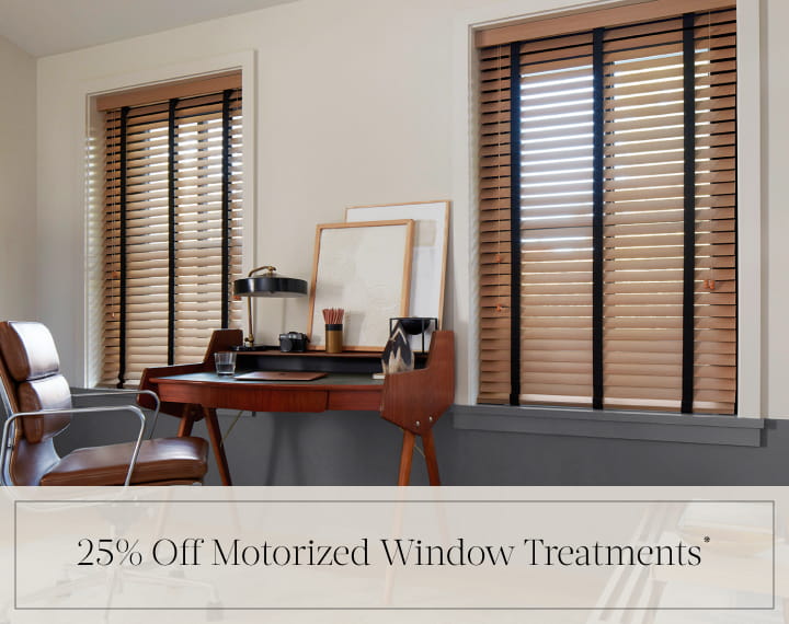 25% Off Motorized Window Treatments in black text over an image of office windows dressed with Oak Wood Blinds.